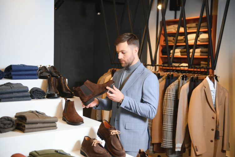 Portrait of handsome young man buying shoes in the store
