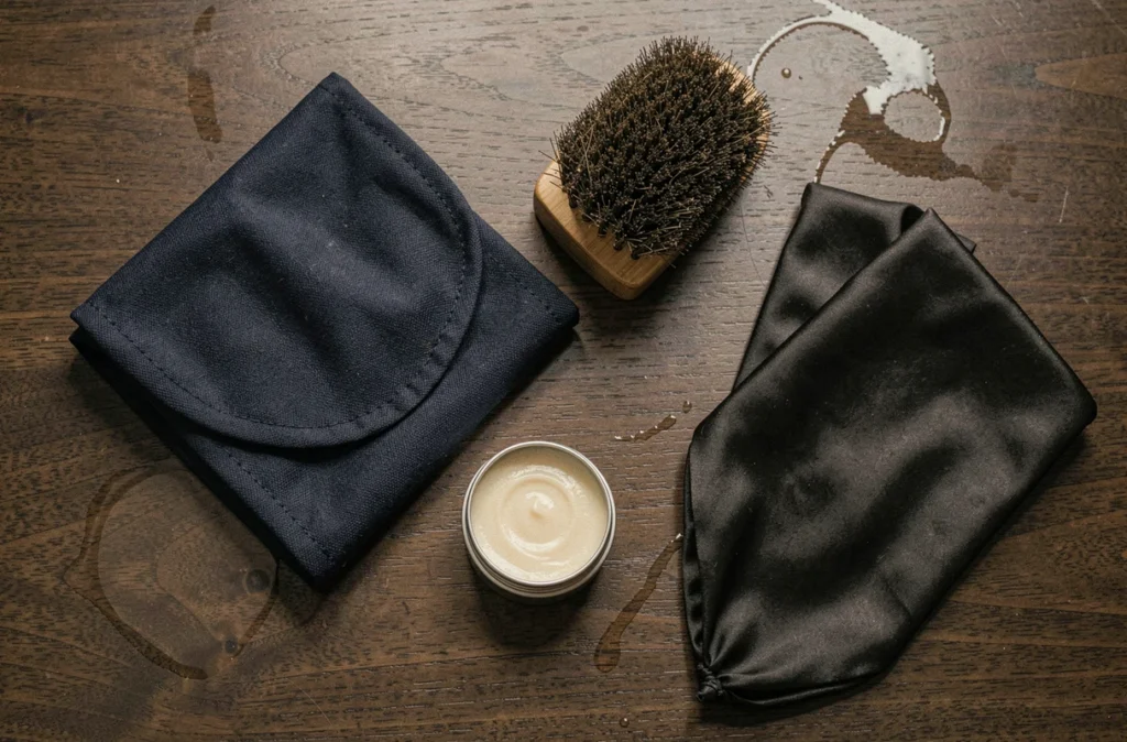Mise en scène des accessoires essentiels de la routine du soir pour waves : wave cap, brosse à vagues, pommade et taie d'oreiller en soie