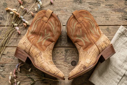 Paire de bottes western vegan en liège et microfibres recyclées posées sur une surface en bois brut avec des fleurs séchées