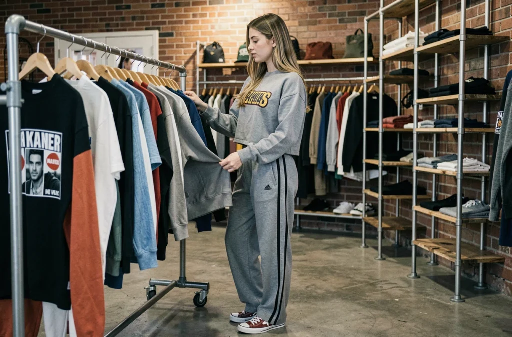Jeune femme explorant une collection streetwear Bullrot dans une boutique indépendante au décor urbain brut
