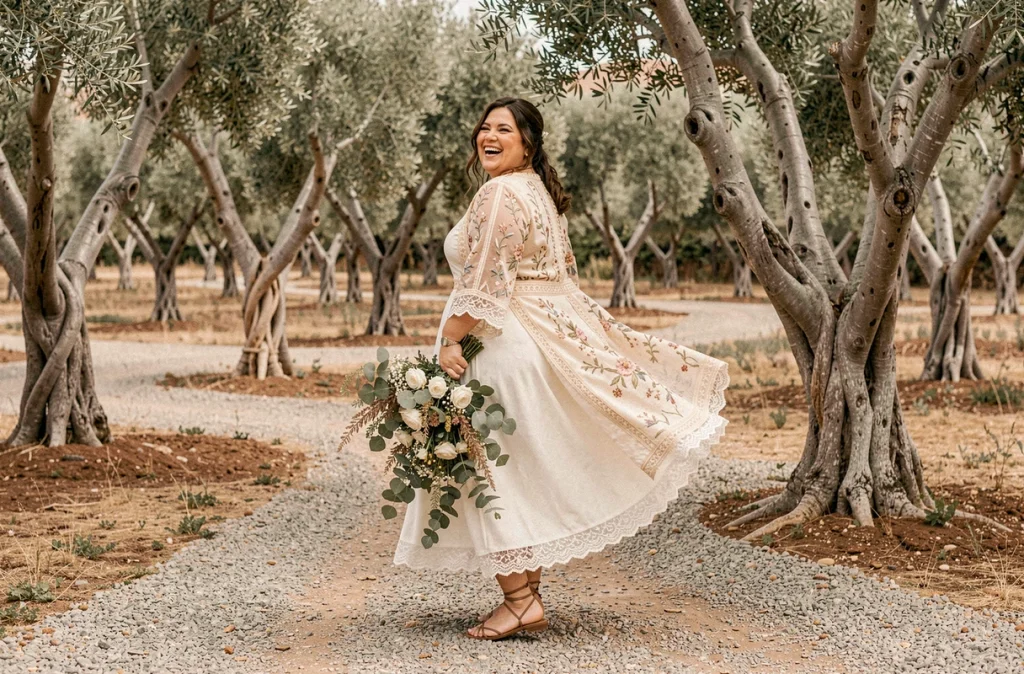 Femme grande taille en ensemble de mariée bohème avec veste kimono brodée marchant dans une oliveraie lors d'une cérémonie champêtre