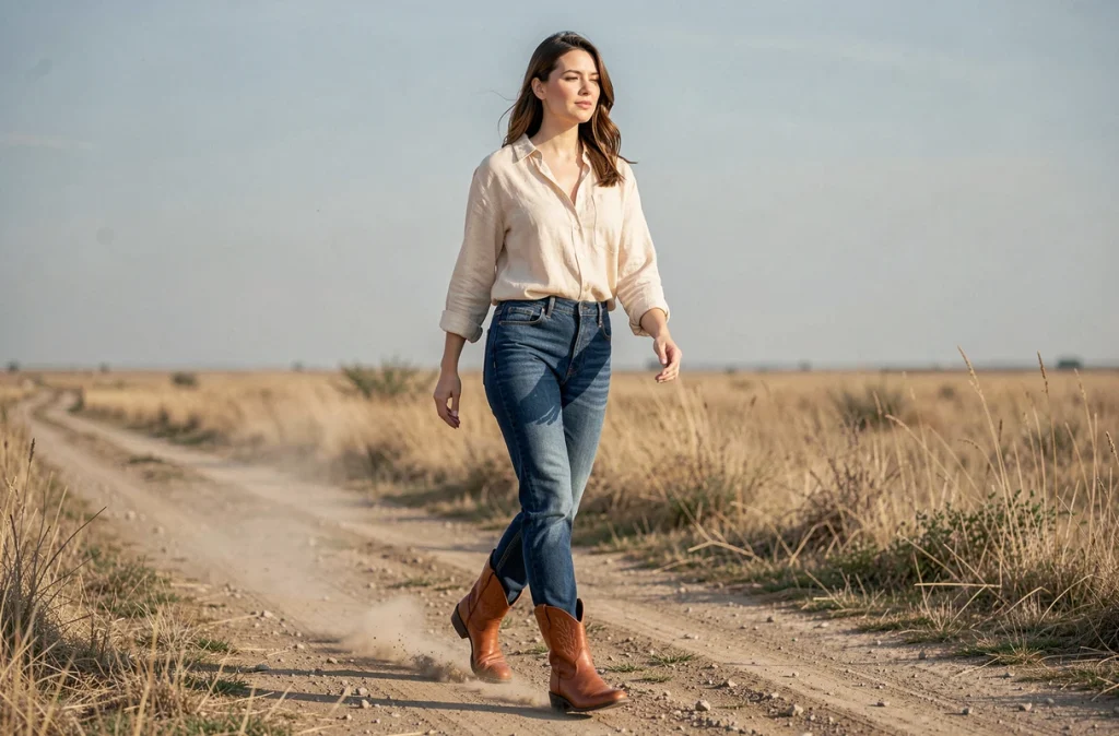 Femme portant des bottes cowboy vegan en cuir de pomme marchant sur un chemin de terre dans une prairie dorée