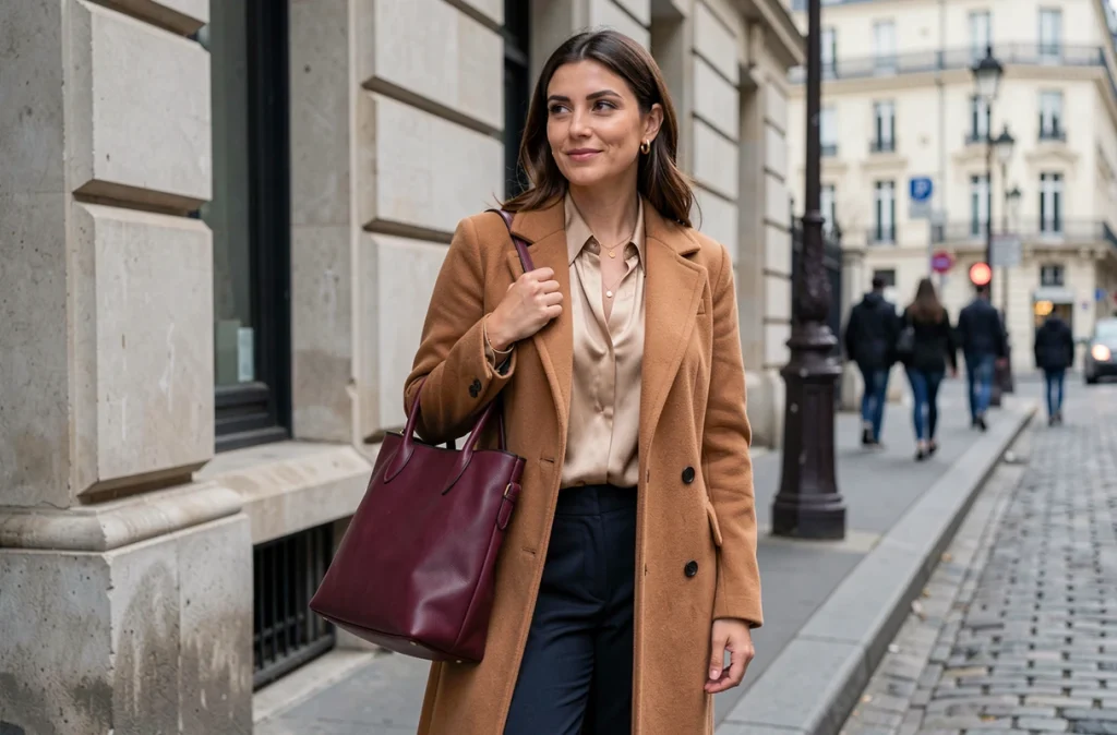 Femme élégante en manteau camel portant un sac de travail en cuir bordeaux dans une rue parisienne