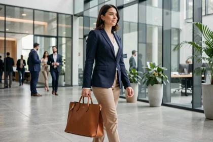 Femme professionnelle tenant un sac de travail en cuir cognac dans un hall de bureau moderne