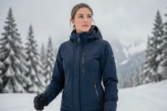 Femme portant une veste de ski haut de gamme bleu marine sur un versant enneigé en montagne