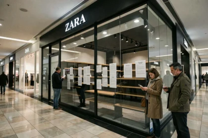 Devanture d'un magasin Zara fermé dans un centre commercial avec des affiches de fermeture collées sur les vitrines