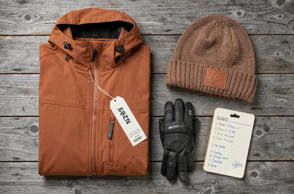 Flat-lay d'équipements de ski haut de gamme avec veste, gants et bonnet sur bois brut avec notes de budget