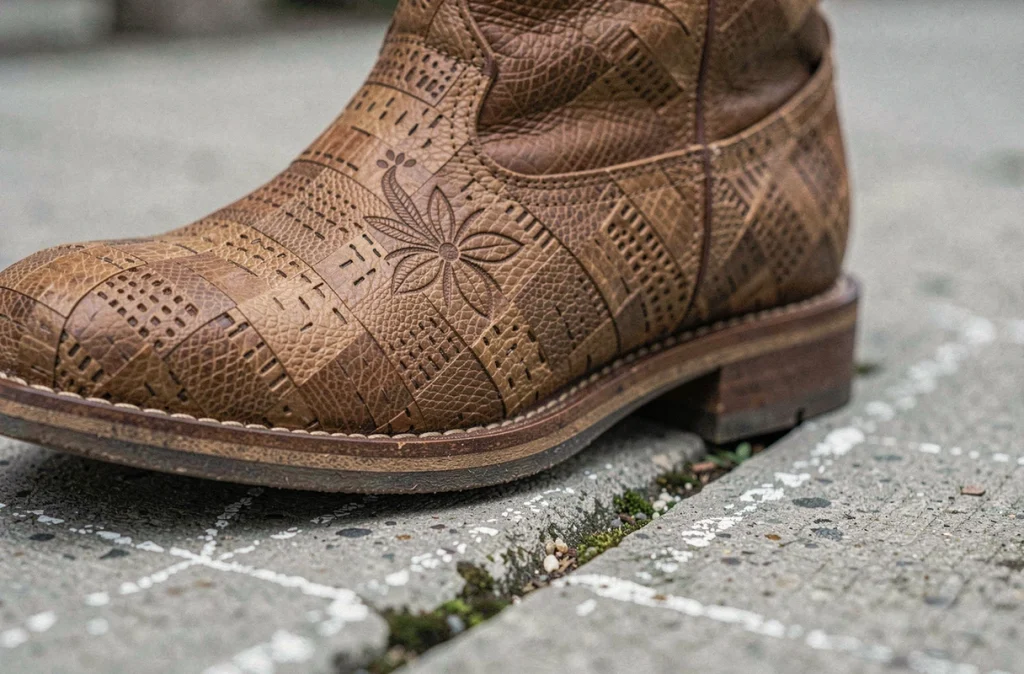 Gros plan d'une botte western vegan en fibre de Piñatex posée sur un trottoir urbain en béton avec coutures apparentes