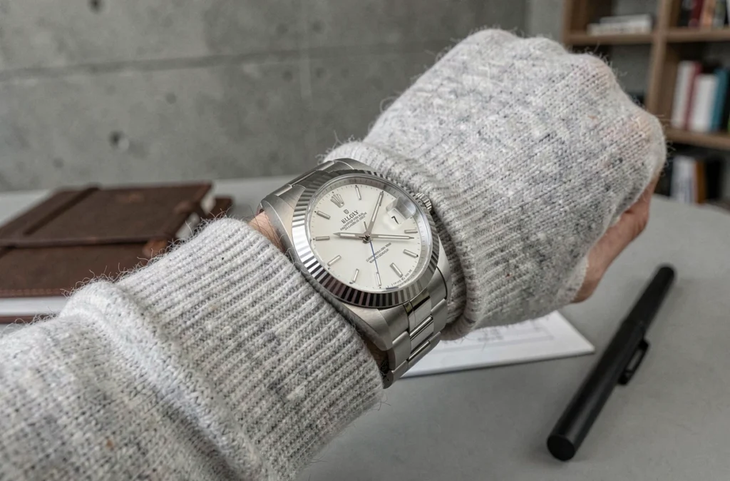 Gros plan d'une Rolex Datejust sur poignet masculin posé sur un bureau minimaliste moderne