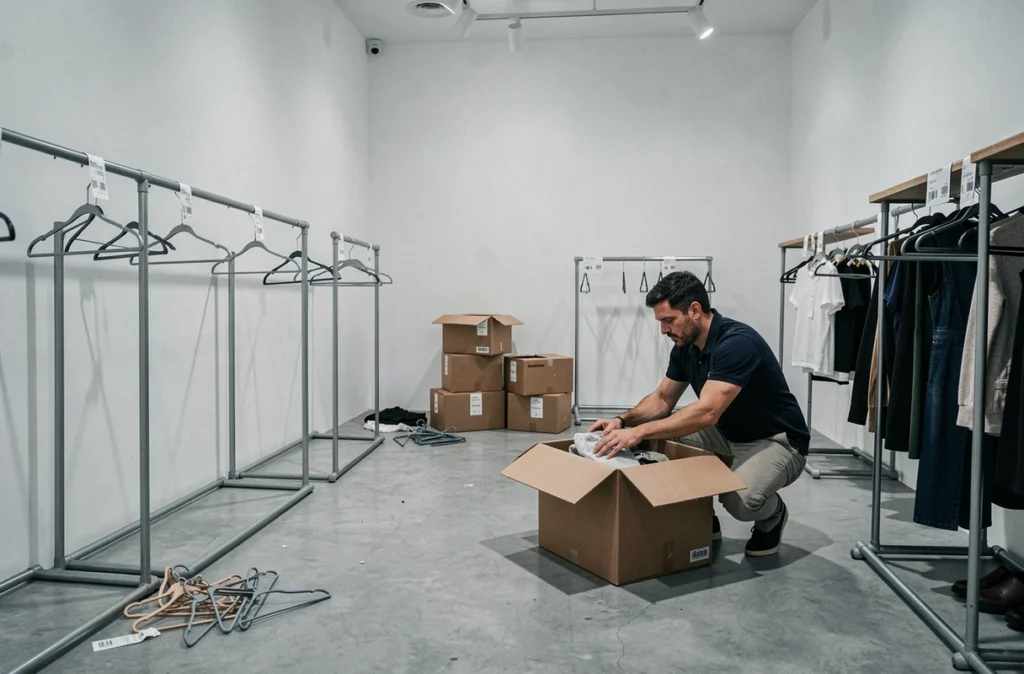 Intérieur d'un magasin Zara en cours de liquidation avec rayonnages vides et cartons de déménagement