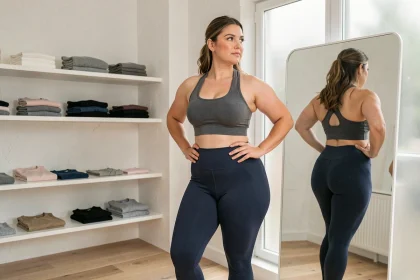 Femme morphologie en A portant un legging gainant Leonie And Co taille haute dans une boutique minimaliste