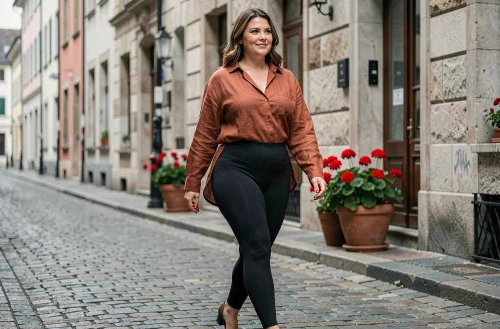 Femme morphologie en O portant un legging taille haute Leonie And Co dans une rue pavée européenne
