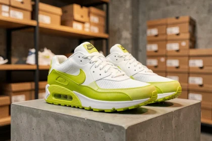 Paire de Nike Air Max en coloris blanc et vert exposée sur un socle en béton dans une boutique urbaine moderne