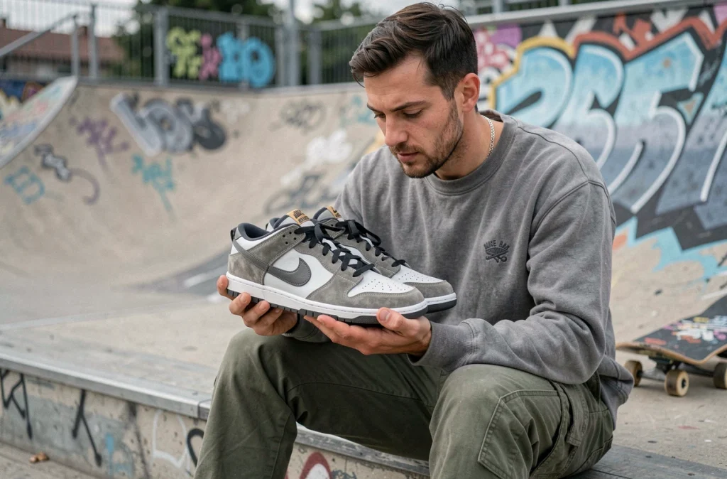 Homme assis sur les marches d'un skatepark inspectant attentivement une paire de Nike SB Dunk