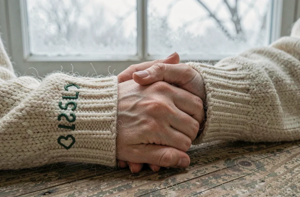 Gros plan sur les manches brodées de pulls assortis de couple, mains enlacées sur une surface en bois avec une date brodée visible