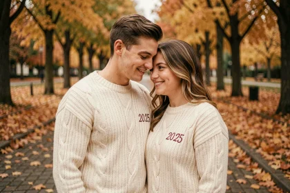 Couple portant des pulls assortis brodés avec une date de rencontre, enlacés dans un parc en automne parmi les feuilles dorées