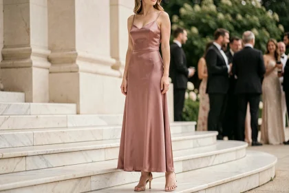 Femme en robe longue satinée rose poudré avec sandales à talons nude lors d'un mariage en extérieur