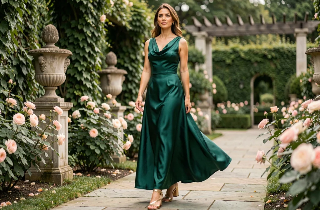 Femme en longue robe satinée vert émeraude avec sandales à talon bloc dorées dans un jardin de mariage