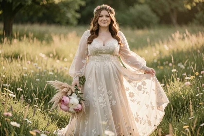 Femme grande taille en robe de mariée bohème chic ivoire en dentelle avec couronne florale dans une prairie fleurie en plein air