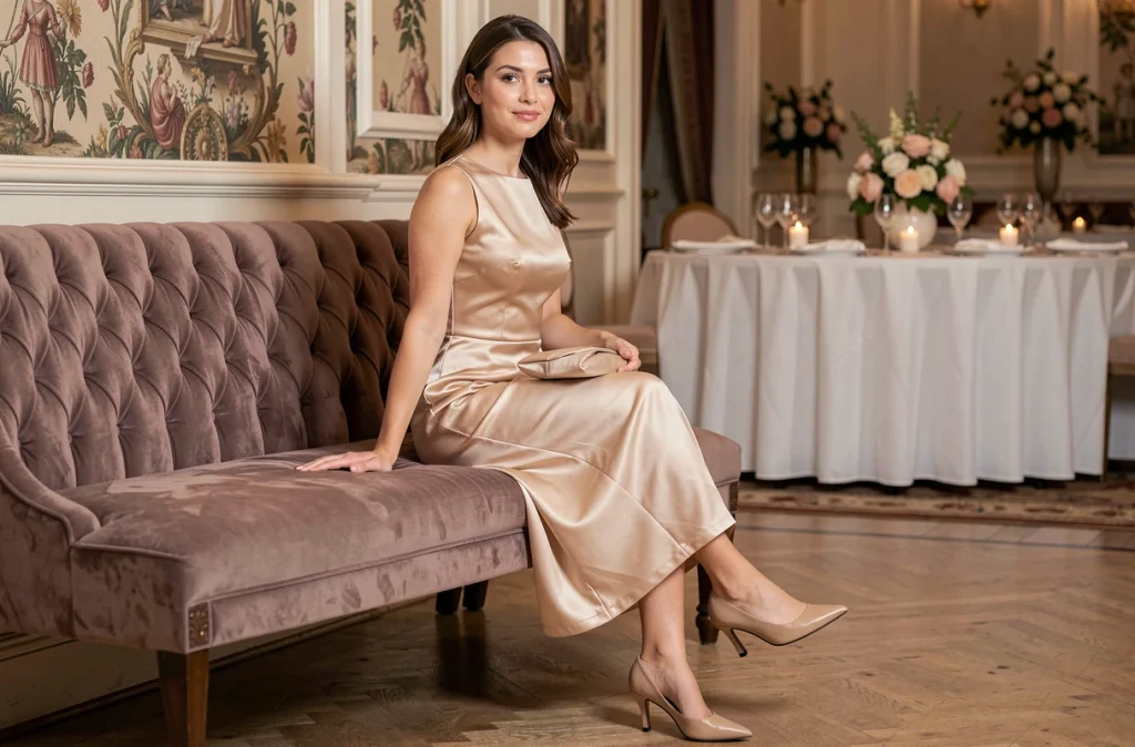 Invitée en robe satinée champagne avec mules à talon chaton dans une salle de réception élégante