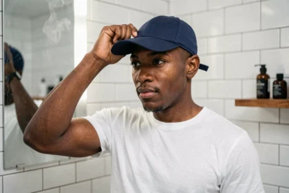Jeune homme noir appliquant un wave cap sur ses cheveux dans une salle de bain moderne lors de sa routine du soir pour waves profondes
