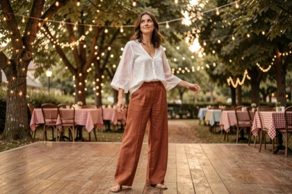 Femme portant un pantalon large en lin terracotta et un chemisier blanc broderie anglaise dans une guinguette vintage en plein air