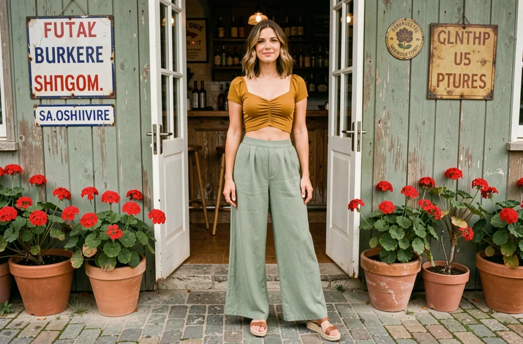 Femme en pantalon large vert sauge et top jaune moutarde à l'entrée d'une guinguette rustique avec décoration vintage et géraniums