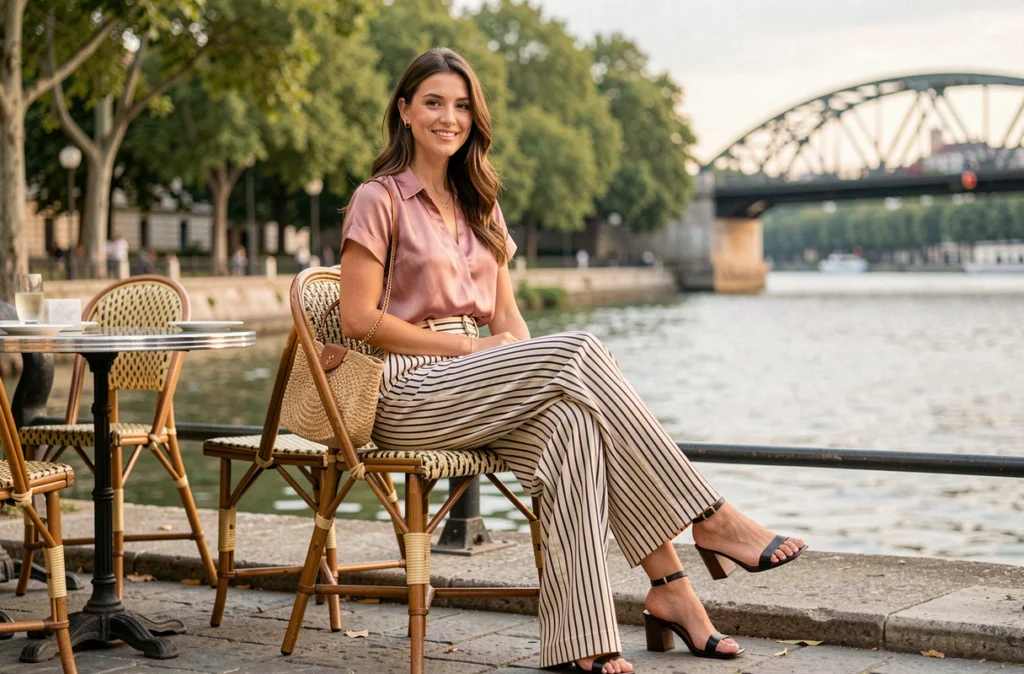 Femme assise en terrasse de guinguette avec un pantalon large rayé crème et noir et une blouse en soie rose poudré, style rétro estival