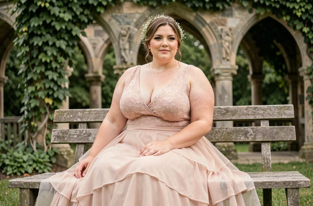 Femme grande taille en robe bohème blush à jupe en mousseline assise sous des arches de pierre couvertes de lierre lors d'une cérémonie en extérieur