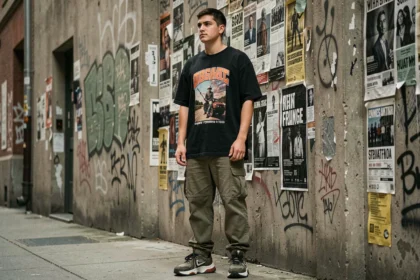 Jeune homme en tenue streetwear Bullrot devant un mur urbain tagué, style oversized et sneakers chunky