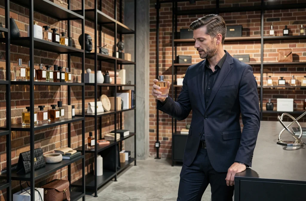 Intérieur du concept store 11 Heures 11 à Rouen avec des étagères en métal noir, des murs en brique et une sélection curatée de parfums de niche et d'objets design dans un cadre industriel chic