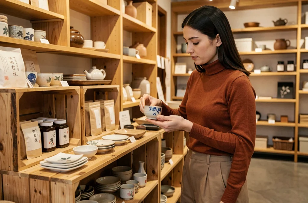 Intérieur du concept store Amaï à Rouen avec une esthétique japonaise, des produits en papier washi, de la vaisselle artisanale et des thés disposés sur des étagères en bois chaleureux