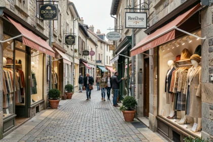 Rue commerçante du Doubs avec des boutiques de vêtements indépendantes et des vitrines élégantes