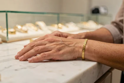 Bracelet en or jaune porté au poignet d'une femme sur un comptoir en marbre dans une bijouterie haut de gamme