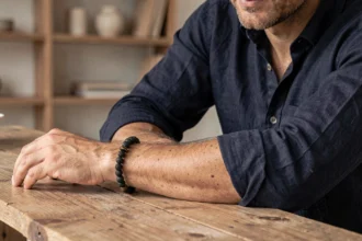Bracelet en pierre naturelle pour homme avec œil de tigre et lave noire porté au poignet sur fond de bureau en bois minimaliste