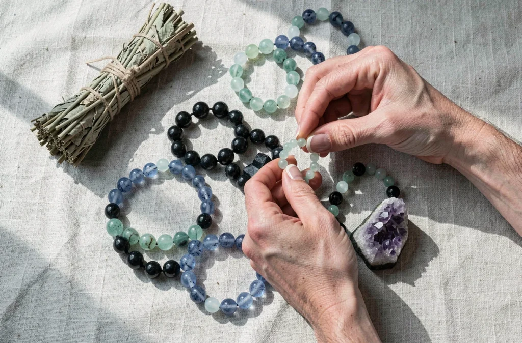 Bracelets en pierres naturelles pour homme disposés en flat lay sur tissu de lin avec cristaux et touramaline noire