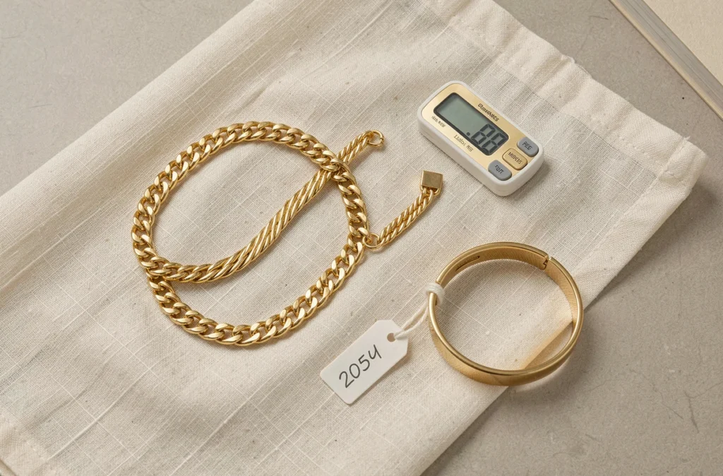 Collection de bracelets en or de différents styles disposés sur un tissu lin avec une balance et une étiquette de prix