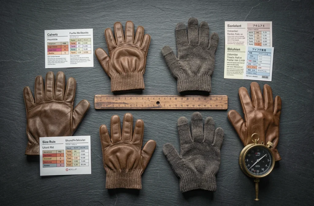 Vue de dessus d'une sélection de gants en cuir et en laine avec des guides de tailles internationaux et un mètre en bois