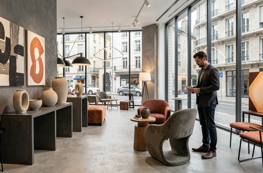 Intérieur du concept store Edge Deco au Havre avec des meubles design architecturaux, des vases en céramique sculpturaux et des œuvres d'art abstraites dans un espace ouvert aux grandes fenêtres donnant sur l'architecture Perret