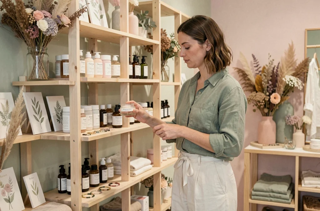 Intérieur du concept store Eleene à Caen avec des produits de soin naturels, des vêtements en lin, des bijoux faits main et des compositions florales séchées dans un cadre aux tons blush et vert sauge