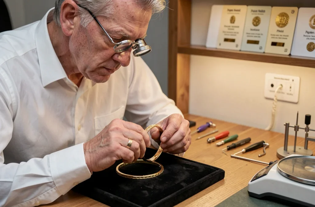 Bijoutier expert évaluant un bracelet en or sur un plateau en velours dans un atelier de joaillerie professionnel