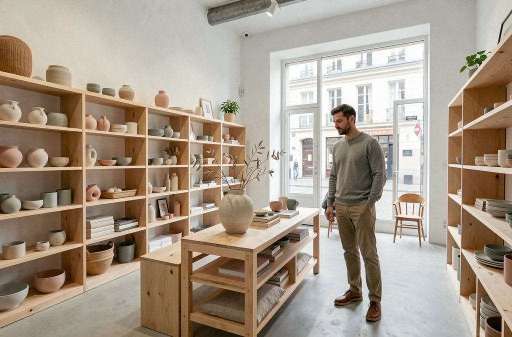 Intérieur du concept store Hus & Co à Rouen avec des étagères en bouleau, des céramiques pastel et des objets design dans un espace épuré aux murs blanchis à la chaux