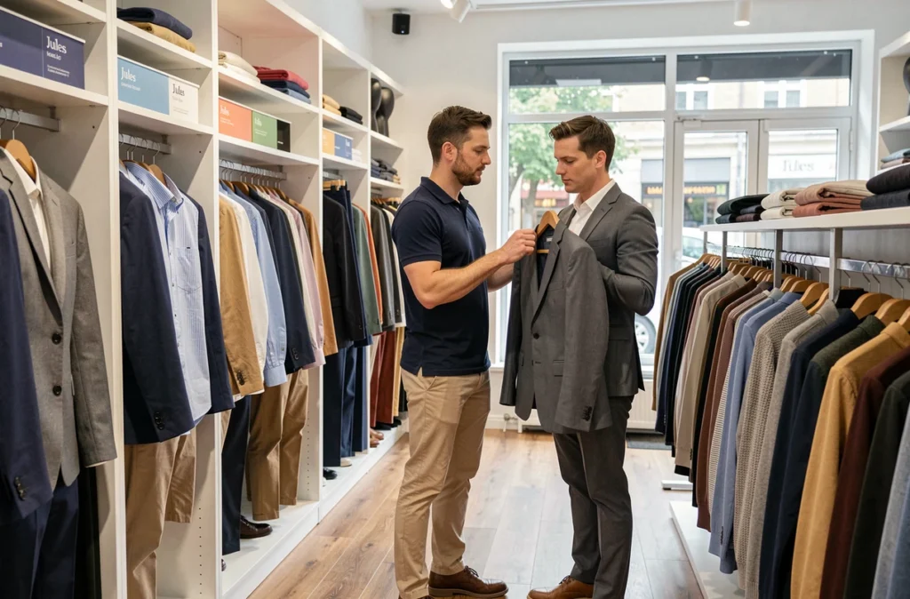 Intérieur de la boutique Jules à Besançon avec des vêtements pour hommes bien organisés et un vendeur aidant un client