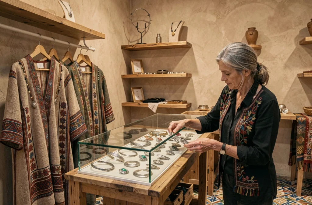 Intérieur artisanal de La Fibule à Besançon avec des bijoux faits main et des vêtements brodés sur cintres en bois