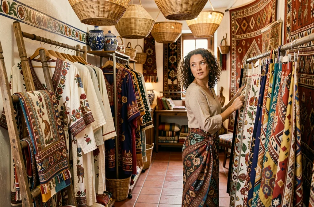 Intérieur bohème et artisanal de la boutique Le Petit Souk à Besançon avec des vêtements ethniques et des paniers tressés