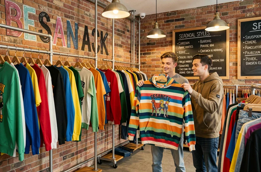 Intérieur jeune et coloré de la boutique Les Gamins à Besançon avec des vêtements urbains sur racks industriels