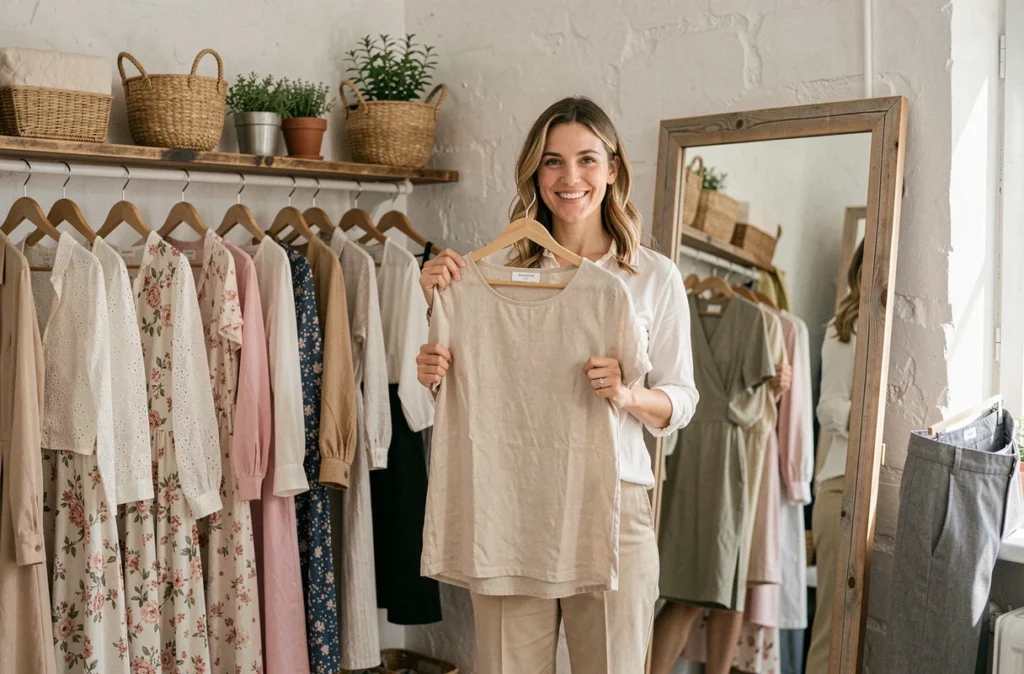 Intérieur de la boutique Lulubel à Besançon avec des vêtements féminins sur cintres en bois et une cliente souriante