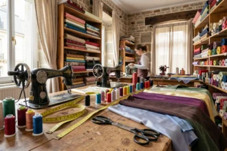 Atelier de couture artisanal dans le Rhône avec machines à coudre vintage, tissus colorés et outils de couturière sur une grande table en bois