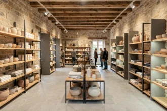 Intérieur d'un concept store normand avec des produits artisanaux, céramiques et textiles exposés sur des étagères en bois et métal dans un espace au caractère régional affirmé