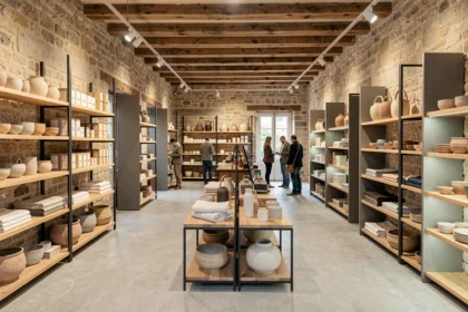 Intérieur d'un concept store normand avec des produits artisanaux, céramiques et textiles exposés sur des étagères en bois et métal dans un espace au caractère régional affirmé
